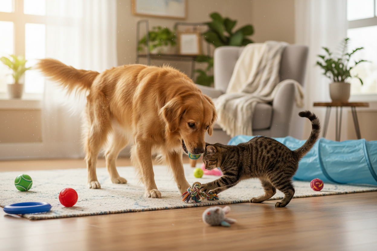 happy dog and cat image with toys